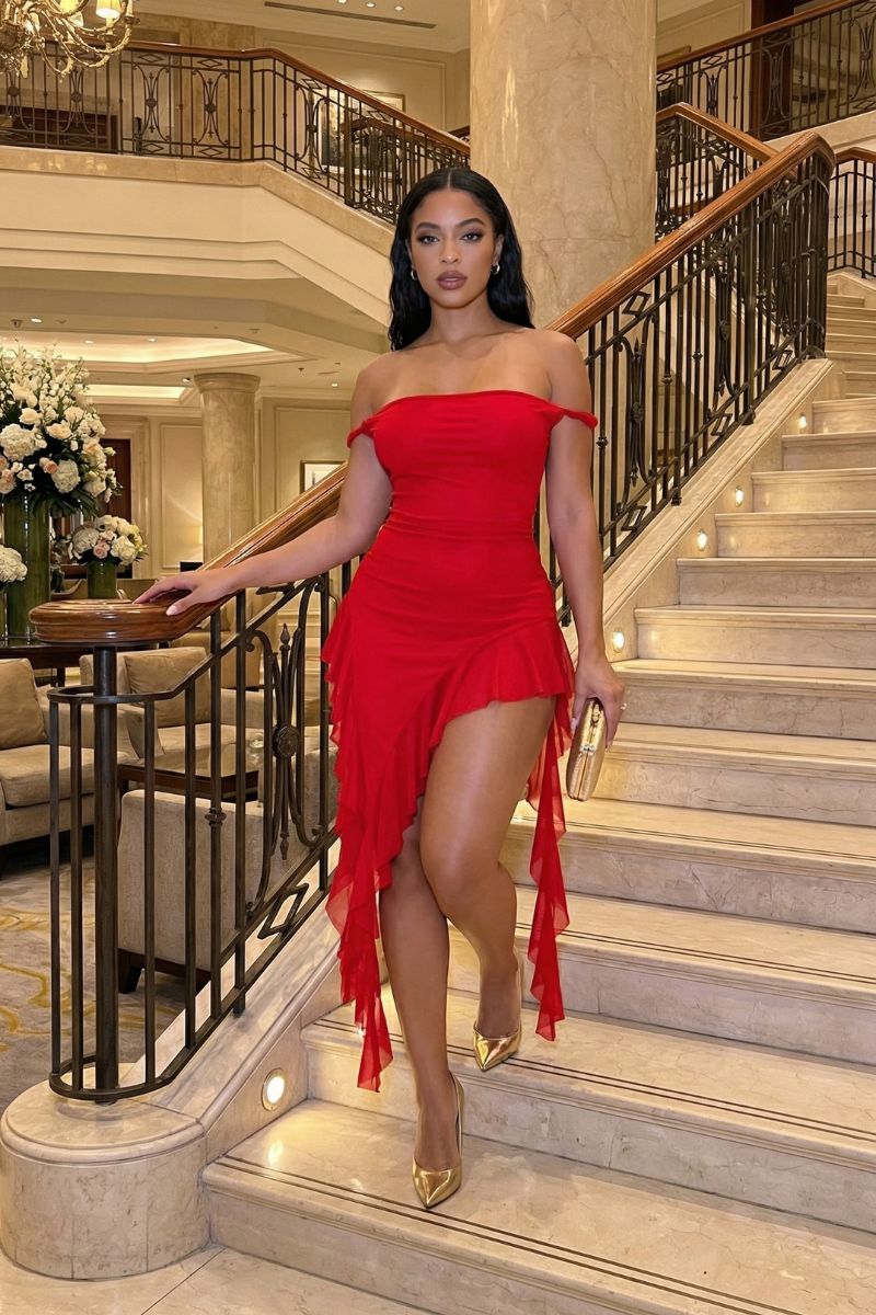 Woman in a red dress standing on a staircase in an elegant interior setting